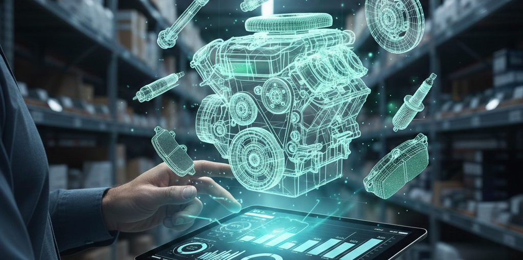 Visualización tecnológica de un motor y piezas para el negocio de repuestos en 2026